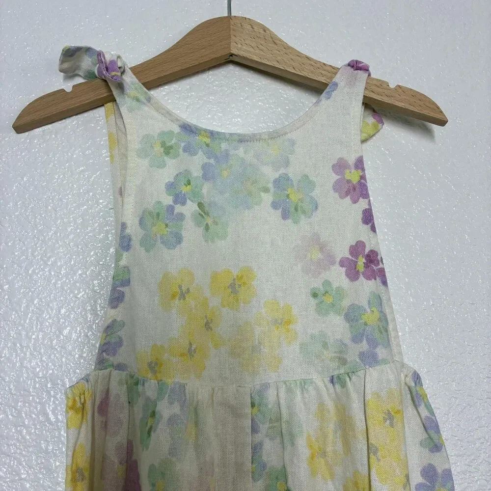 Zara Spain Jumpsuit Girls 5 Yellow Floral Linen Blend Tie Strap Summer One Piece